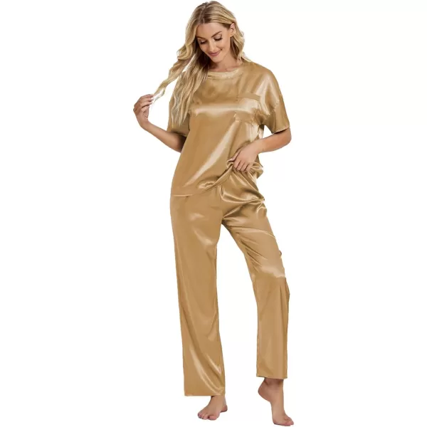 LYANER Women's Satin Silk Pajama Set Short Sleeve T-shirt with Pants Set PJ Loungewear