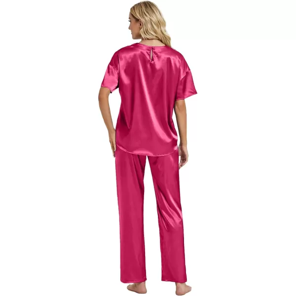 LYANER Women's Satin Silk Pajama Set Short Sleeve T-shirt with Pants Set PJ Loungewear