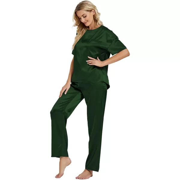 LYANER Women's Satin Silk Pajama Set Short Sleeve T-shirt with Pants Set PJ Loungewear