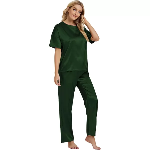 LYANER Women's Satin Silk Pajama Set Short Sleeve T-shirt with Pants Set PJ Loungewear