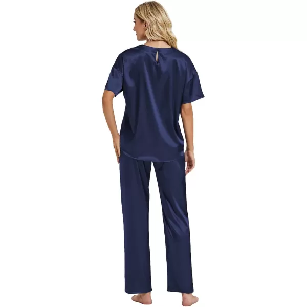 LYANER Women's Satin Silk Pajama Set Short Sleeve T-shirt with Pants Set PJ Loungewear