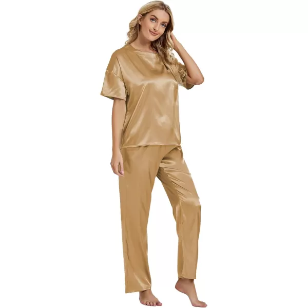 LYANER Women's Satin Silk Pajama Set Short Sleeve T-shirt with Pants Set PJ Loungewear