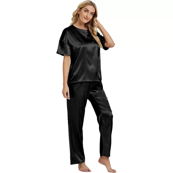 LYANER Women's Satin Silk Pajama Set Short Sleeve T-shirt with Pants Set PJ Loungewear