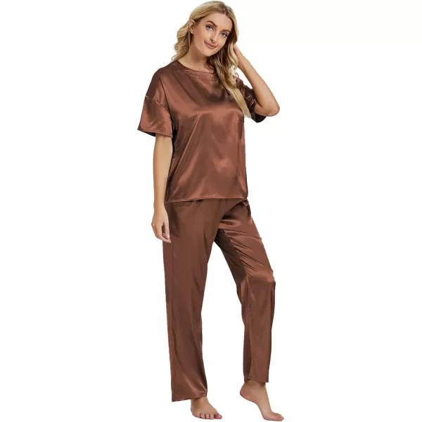 LYANER Women's Satin Silk Pajama Set Short Sleeve T-shirt with Pants Set PJ Loungewear