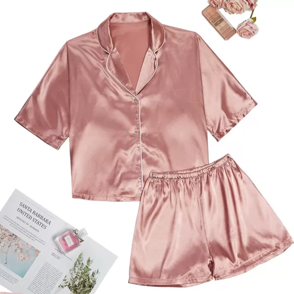 LYANER Women's Satin Silk Short Sleeve Button Down Top and Shorts Loungewear Pajama PJ Set