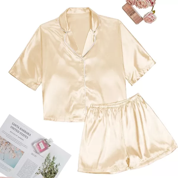 LYANER Women's Satin Silk Short Sleeve Button Down Top and Shorts Loungewear Pajama PJ Set
