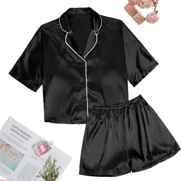 LYANER Women's Satin Silk Short Sleeve Button Down Top and Shorts Loungewear Pajama PJ Set