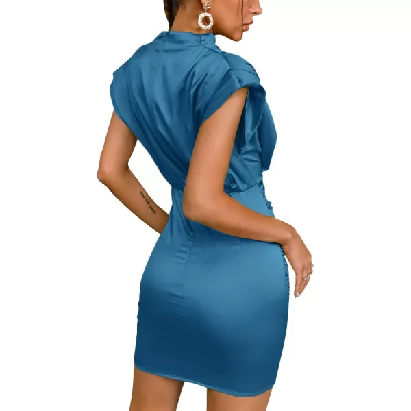 LYANER Women's Satin Silk Shoulder Pad Ruched Bodycon Sleeveless Mini Tank Dress