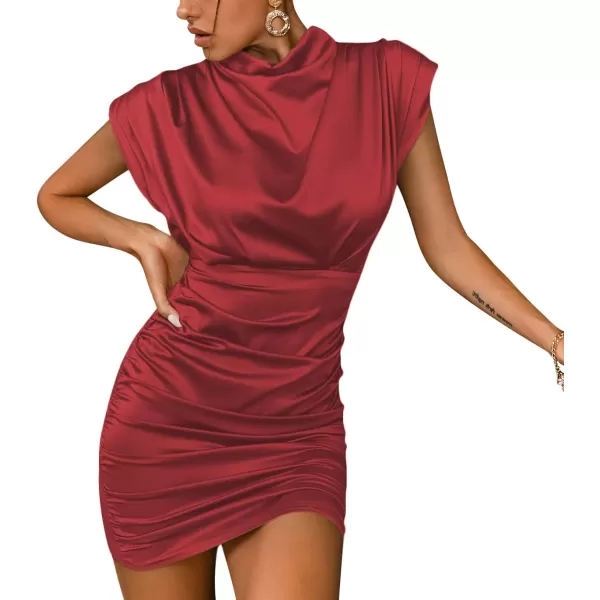 LYANER Women's Satin Silk Shoulder Pad Ruched Bodycon Sleeveless Mini Tank Dress