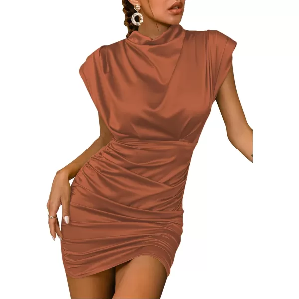 LYANER Women's Satin Silk Shoulder Pad Ruched Bodycon Sleeveless Mini Tank Dress