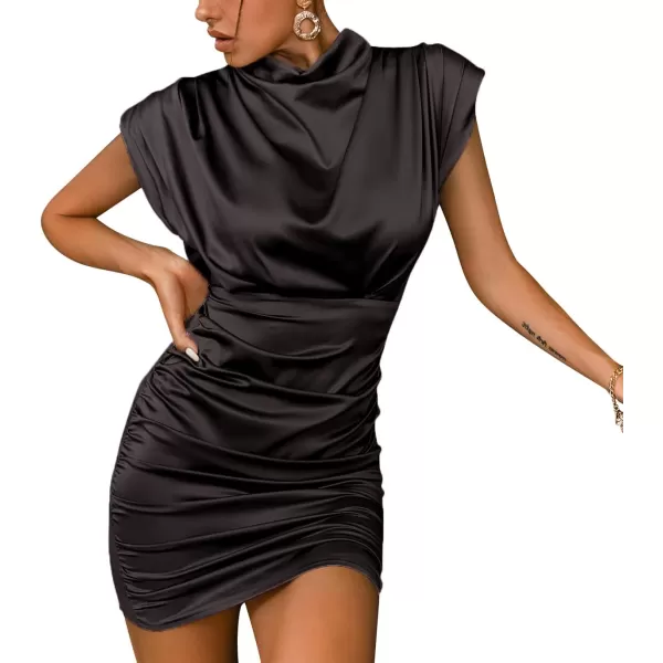 LYANER Women's Satin Silk Shoulder Pad Ruched Bodycon Sleeveless Mini Tank Dress