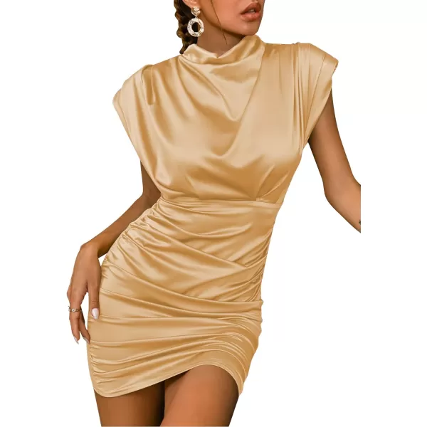 LYANER Women's Satin Silk Shoulder Pad Ruched Bodycon Sleeveless Mini Tank Dress