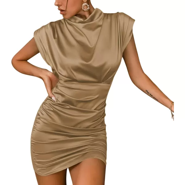 LYANER Women's Satin Silk Shoulder Pad Ruched Bodycon Sleeveless Mini Tank Dress