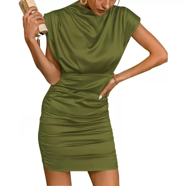 LYANER Women's Satin Silk Shoulder Pad Ruched Bodycon Sleeveless Mini Tank Dress