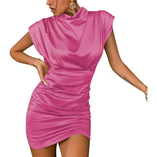 LYANER Women's Satin Silk Shoulder Pad Ruched Bodycon Sleeveless Mini Tank Dress
