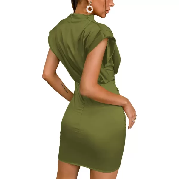 LYANER Women's Satin Silk Shoulder Pad Ruched Bodycon Sleeveless Mini Tank Dress
