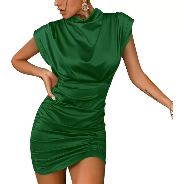 LYANER Women's Satin Silk Shoulder Pad Ruched Bodycon Sleeveless Mini Tank Dress