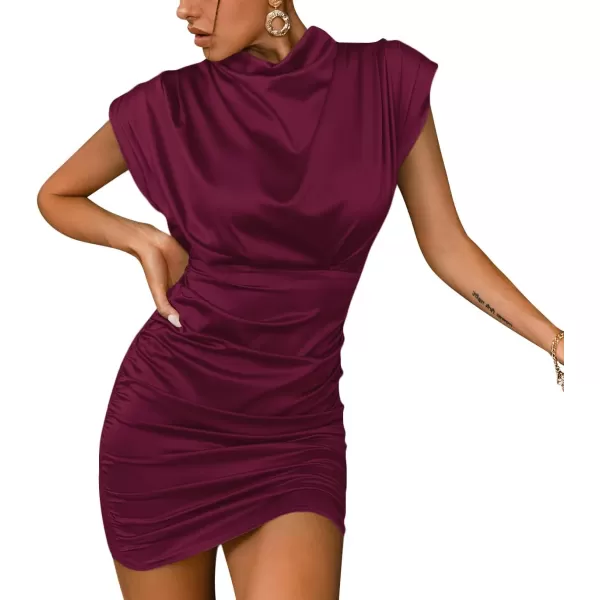 LYANER Women's Satin Silk Shoulder Pad Ruched Bodycon Sleeveless Mini Tank Dress
