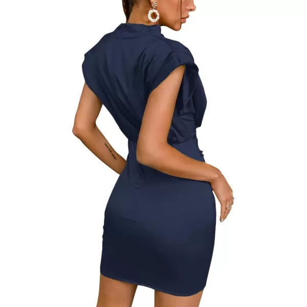 LYANER Women's Satin Silk Shoulder Pad Ruched Bodycon Sleeveless Mini Tank Dress