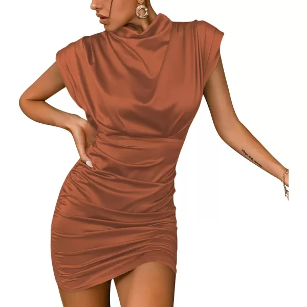 LYANER Women's Satin Silk Shoulder Pad Ruched Bodycon Sleeveless Mini Tank Dress