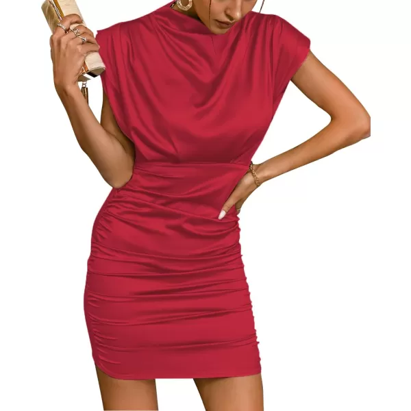 LYANER Women's Satin Silk Shoulder Pad Ruched Bodycon Sleeveless Mini Tank Dress