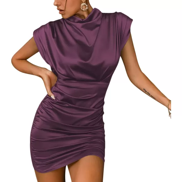 LYANER Women's Satin Silk Shoulder Pad Ruched Bodycon Sleeveless Mini Tank Dress