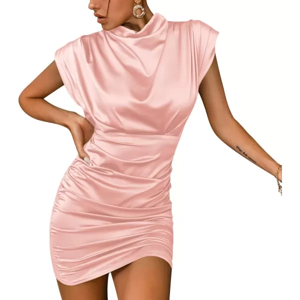 LYANER Women's Satin Silk Shoulder Pad Ruched Bodycon Sleeveless Mini Tank Dress