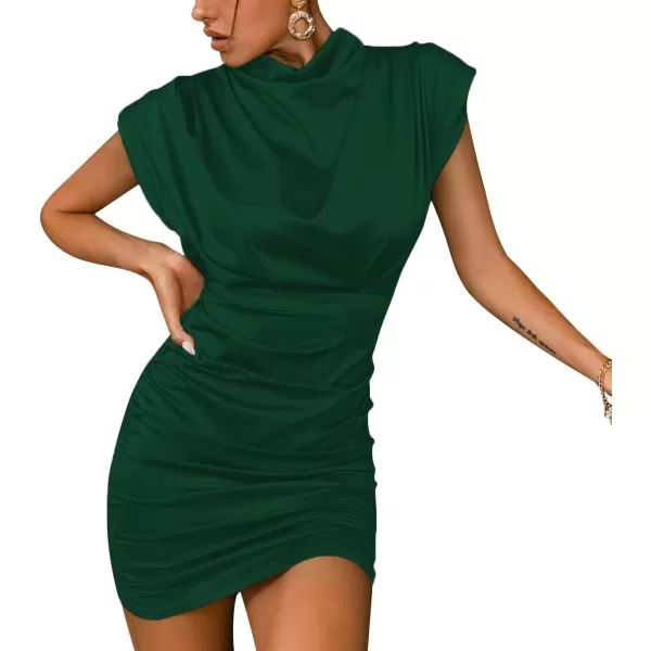 LYANER Women's Satin Silk Shoulder Pad Ruched Bodycon Sleeveless Mini Tank Dress