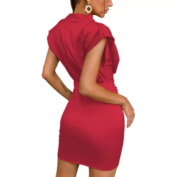 LYANER Women's Satin Silk Shoulder Pad Ruched Bodycon Sleeveless Mini Tank Dress