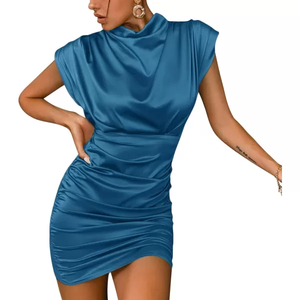 LYANER Women's Satin Silk Shoulder Pad Ruched Bodycon Sleeveless Mini Tank Dress