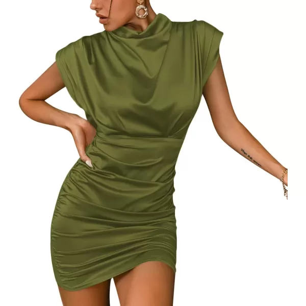 LYANER Women's Satin Silk Shoulder Pad Ruched Bodycon Sleeveless Mini Tank Dress