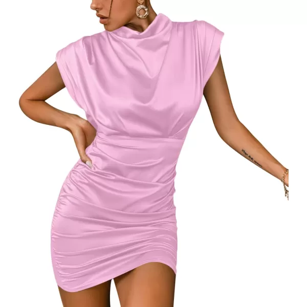LYANER Women's Satin Silk Shoulder Pad Ruched Bodycon Sleeveless Mini Tank Dress