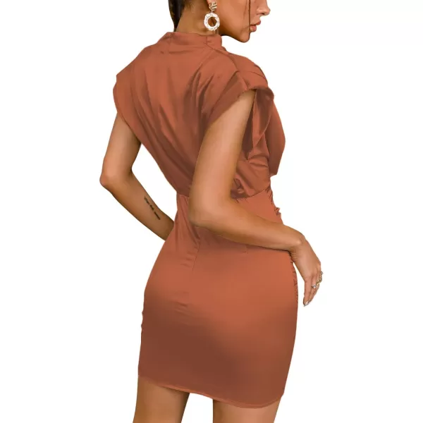 LYANER Women's Satin Silk Shoulder Pad Ruched Bodycon Sleeveless Mini Tank Dress