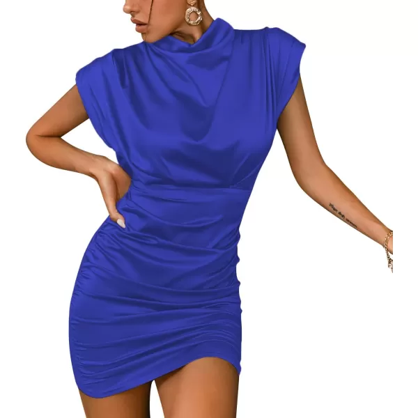 LYANER Women's Satin Silk Shoulder Pad Ruched Bodycon Sleeveless Mini Tank Dress