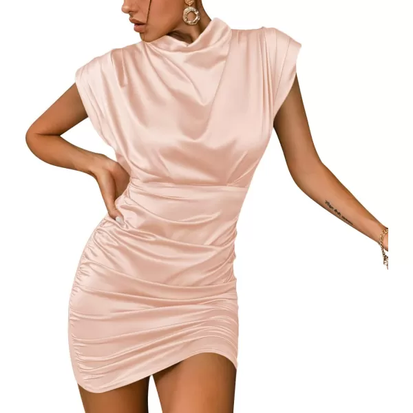 LYANER Women's Satin Silk Shoulder Pad Ruched Bodycon Sleeveless Mini Tank Dress