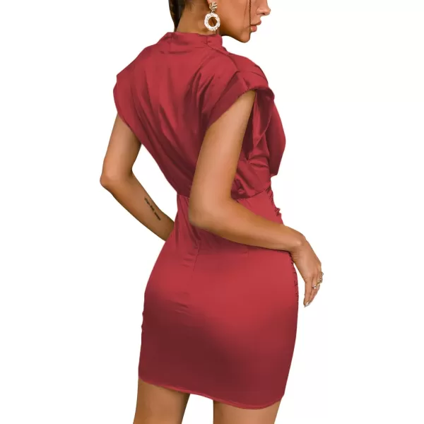 LYANER Women's Satin Silk Shoulder Pad Ruched Bodycon Sleeveless Mini Tank Dress