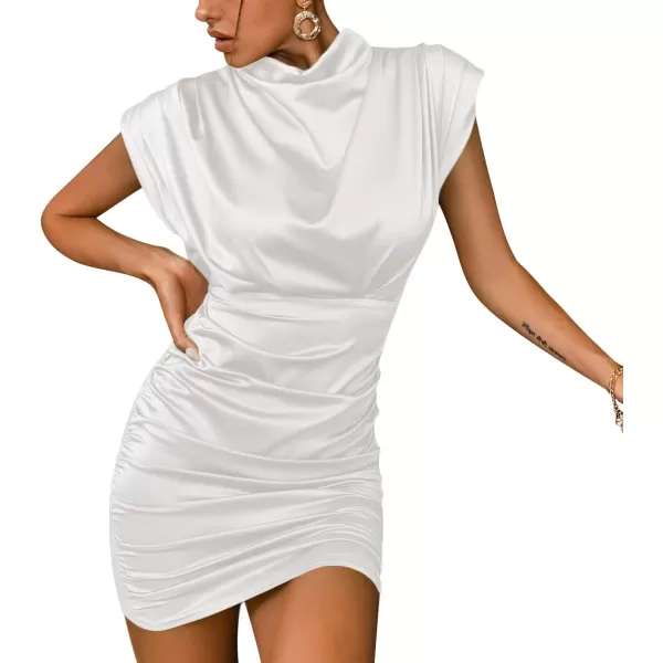 LYANER Women's Satin Silk Shoulder Pad Ruched Bodycon Sleeveless Mini Tank Dress