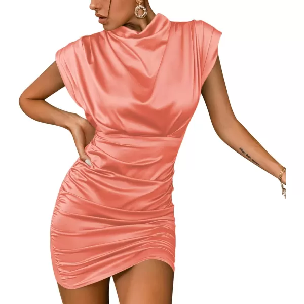 LYANER Women's Satin Silk Shoulder Pad Ruched Bodycon Sleeveless Mini Tank Dress
