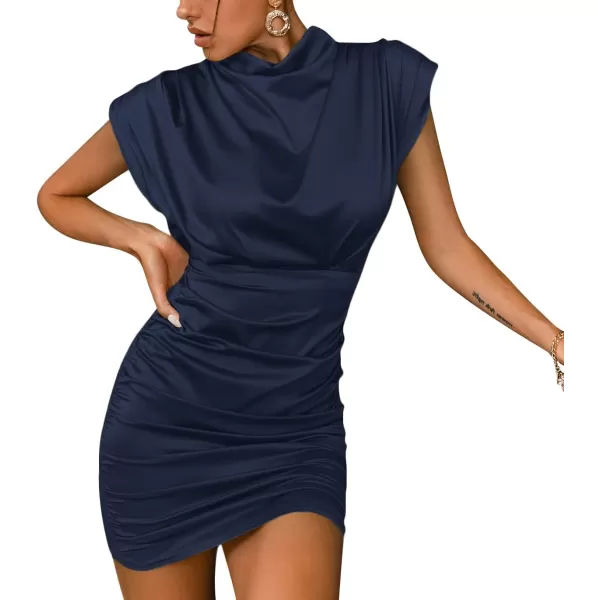 LYANER Women's Satin Silk Shoulder Pad Ruched Bodycon Sleeveless Mini Tank Dress