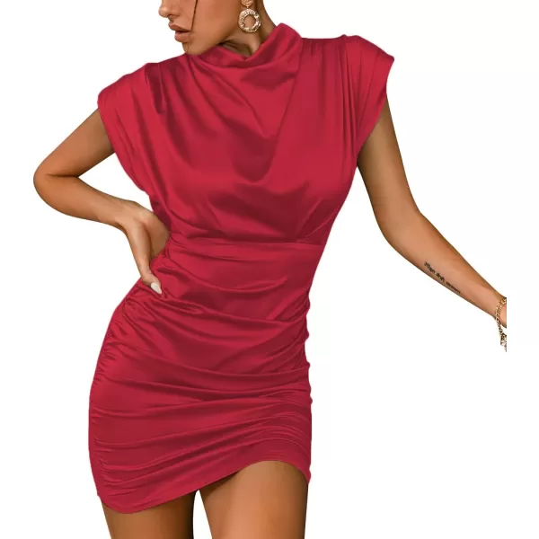 LYANER Women's Satin Silk Shoulder Pad Ruched Bodycon Sleeveless Mini Tank Dress
