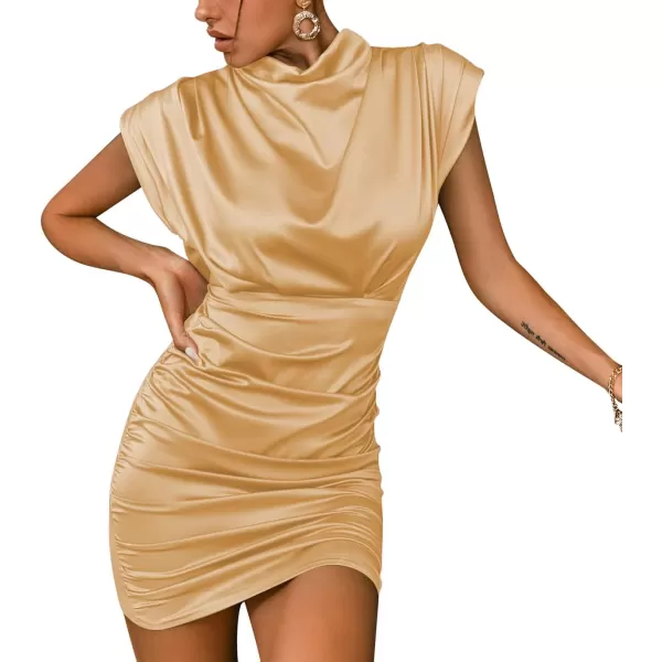 LYANER Women's Satin Silk Shoulder Pad Ruched Bodycon Sleeveless Mini Tank Dress
