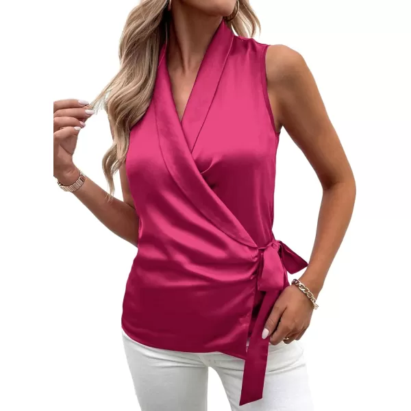 LYANER Women's Satin Silk Sleeveless Wrap V Neck Tie Waist Elegant Cami Tank Blouse