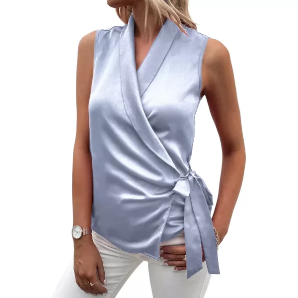 LYANER Women's Satin Silk Sleeveless Wrap V Neck Tie Waist Elegant Cami Tank Blouse