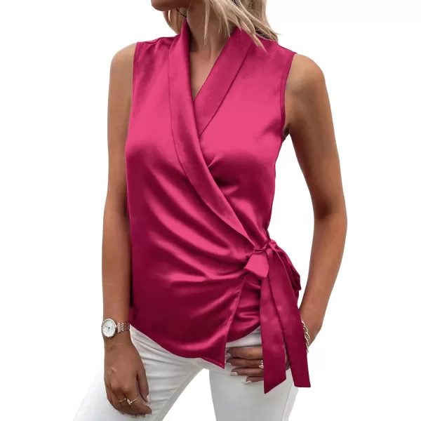 LYANER Women's Satin Silk Sleeveless Wrap V Neck Tie Waist Elegant Cami Tank Blouse