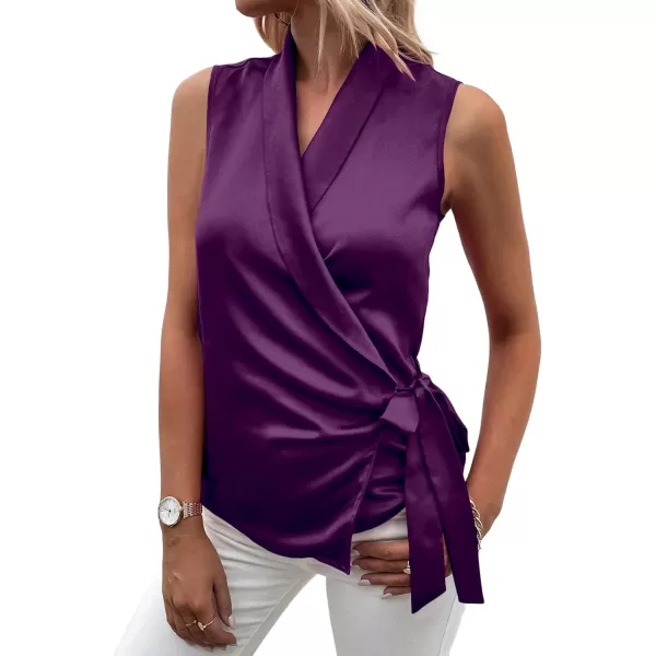 LYANER Women's Satin Silk Sleeveless Wrap V Neck Tie Waist Elegant Cami Tank Blouse