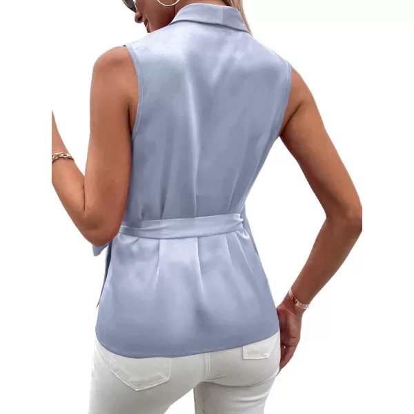 LYANER Women's Satin Silk Sleeveless Wrap V Neck Tie Waist Elegant Cami Tank Blouse
