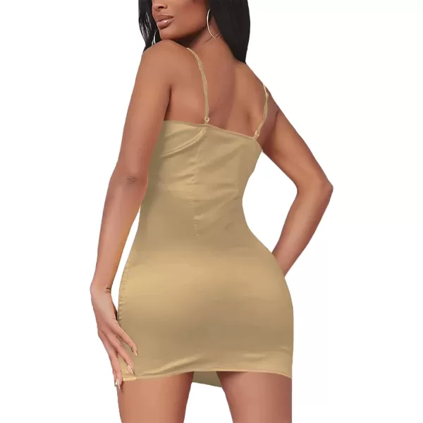 LYANER Women's Satin Silk Spaghetti Strap Slit Bodycon Sleeveless Mini Dress