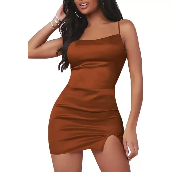 LYANER Women's Satin Silk Spaghetti Strap Slit Bodycon Sleeveless Mini Dress