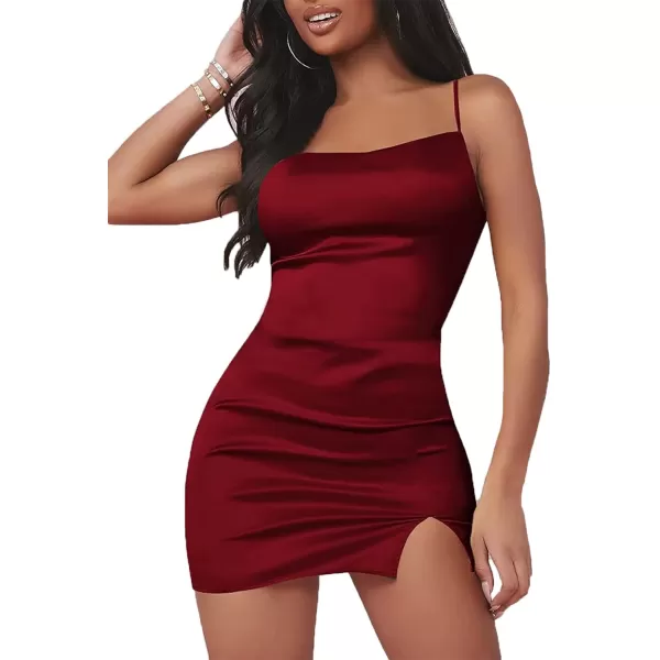 LYANER Women's Satin Silk Spaghetti Strap Slit Bodycon Sleeveless Mini Dress
