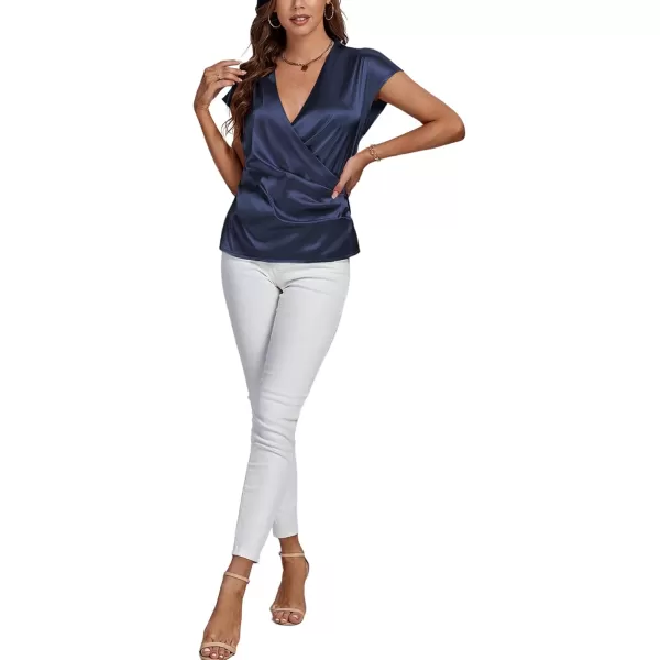 LYANER Women's Satin Silk Wrap V Neck Cap Sleeve Elegant Workwear Blouse Shirt Top